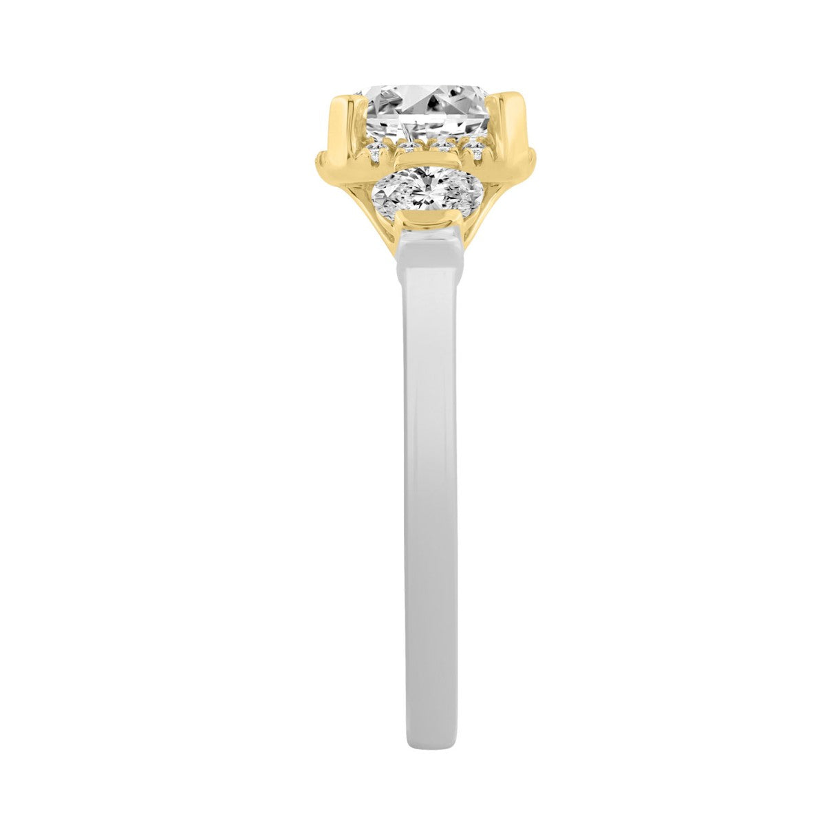 2 1/2 Ct Cushion Cut Lab-Grown Diamond Ladies Engagement Ring In 14K White/Yellow Gold Three-Stone With Round Side Stone & Oval 2Ct Cushion Center Stone (Color F-G -Clarity Vs1/Vs2)