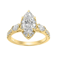 Luxury 14K Yellow Gold 3.00 Ct Marquise, Oval And Round Diamond Halo Bridal Engagement Ring For Women 2Ct Marquise Center Stone (Color F-G -Clarity Vs1/Vs2)