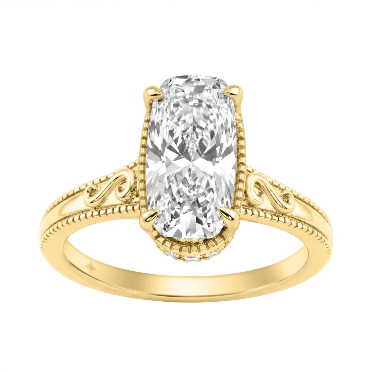 LADIES 14K Yellow Gold 2 1/6Ct Diamond Engagement Ring Elongated Cushion Cut Center With Round Side Stones, Elegant Fine Ring 2Ct Cushion Center Stone (Color F-G -Clarity Vs1/Vs2)