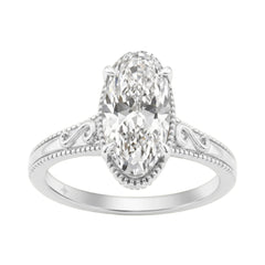 LADIES 14K White Gold 2 1/6Ct Diamond Engagement Ring Elongated Oval Cut Center With Round Side Stones, Elegant Fine Ring 2Ct Oval Center Stone (Color F-G -Clarity Vs1/Vs2)