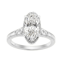 LADIES 14K White Gold 2 1/6Ct Diamond Engagement Ring Elongated Oval Cut Center With Round Side Stones, Elegant Fine Ring 2Ct Oval Center Stone (Color F-G -Clarity Vs1/Vs2)
