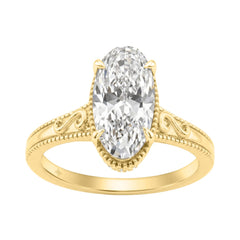 LADIES 14K Yellow Gold 2 1/6Ct Diamond Engagement Ring Elongated Oval Cut Center With Round Side Stones, Elegant Fine Ring 2Ct Oval Center Stone (Color F-G -Clarity Vs1/Vs2)