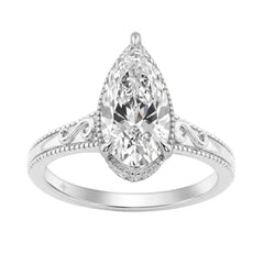 LADIES 14K White Gold 2 1/6Ct Diamond Engagement Ring Elongated Pear Cut Center With Round Side Stones, Elegant Fine Ring 2Ct Pear Center Stone (Color F-G -Clarity Vs1/Vs2)