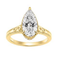 Luxury 14K Yellow Gold 2 1/6Ct Elongated Pear-Shaped Diamond Hidden Halo Ladies Engagement Ring With Round Diamonds 2Ct Pear Center Stone (Color F-G -