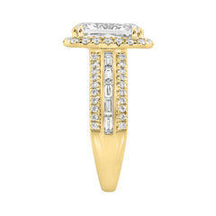 14K Yellow Gold 3.00 Ct Diamond Halo Engagement Ring For Women Elongated 2Ct Cushion Cut Center Stone With Round & Baguette Side Stones, Luxury Bridal Ring (Color F-G -Clarity Vs1/Vs2)