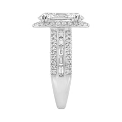 14K White Gold 3.00 Ct Diamond Halo Engagement Ring For Women Elongated 2Ct Oval Cut Center Stone With Round &amp; Baguette Side Stones, Luxury Bridal Ring (Color F-G -Clarity Vs1/Vs2)