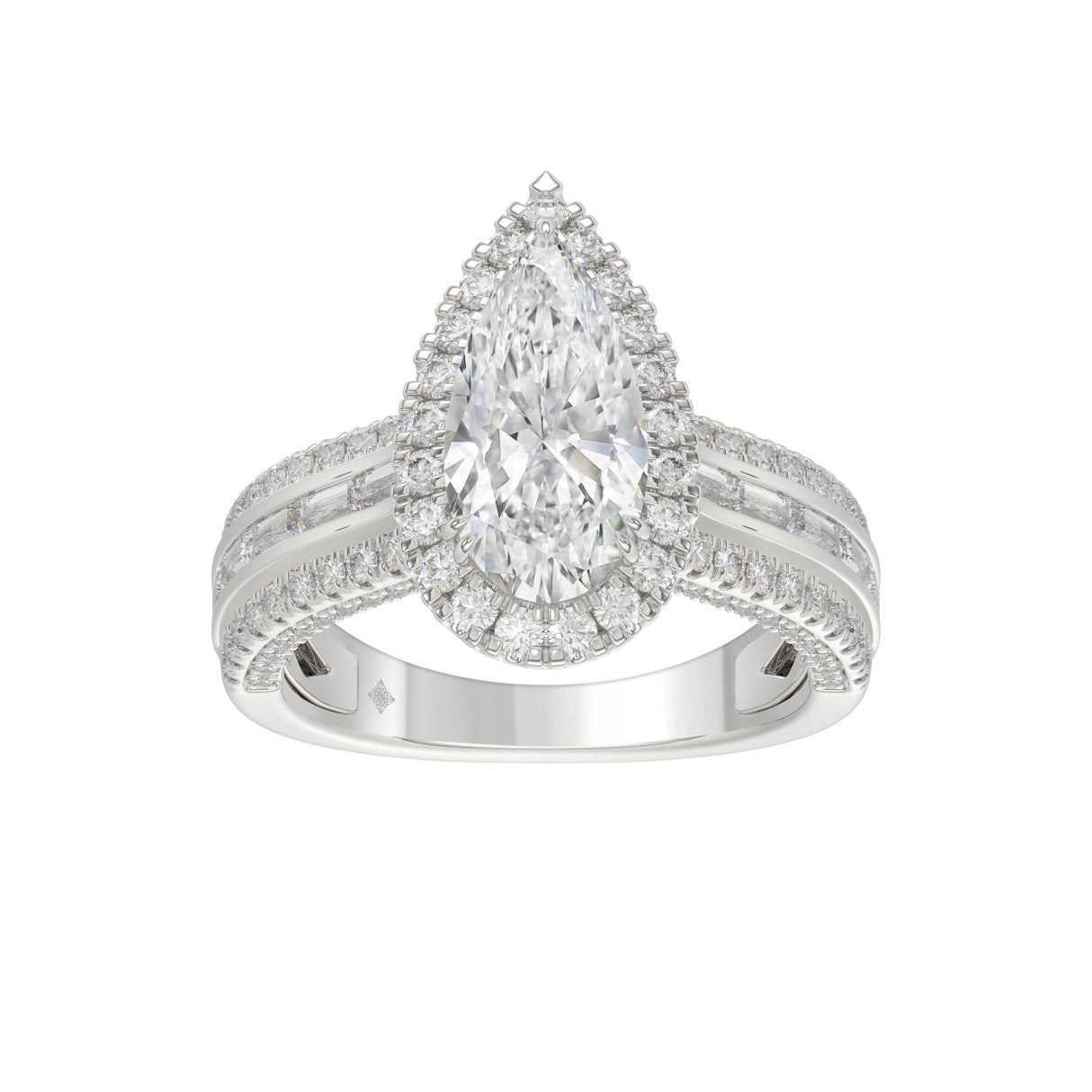 14K White Gold 3.00 Ct Diamond Halo Engagement Ring For Women Elongated 2Ct Pear Cut Center Stone With Round & Baguette Side Stones, Luxury Bridal Ring (Color F-G -Clarity Vs1/Vs2)