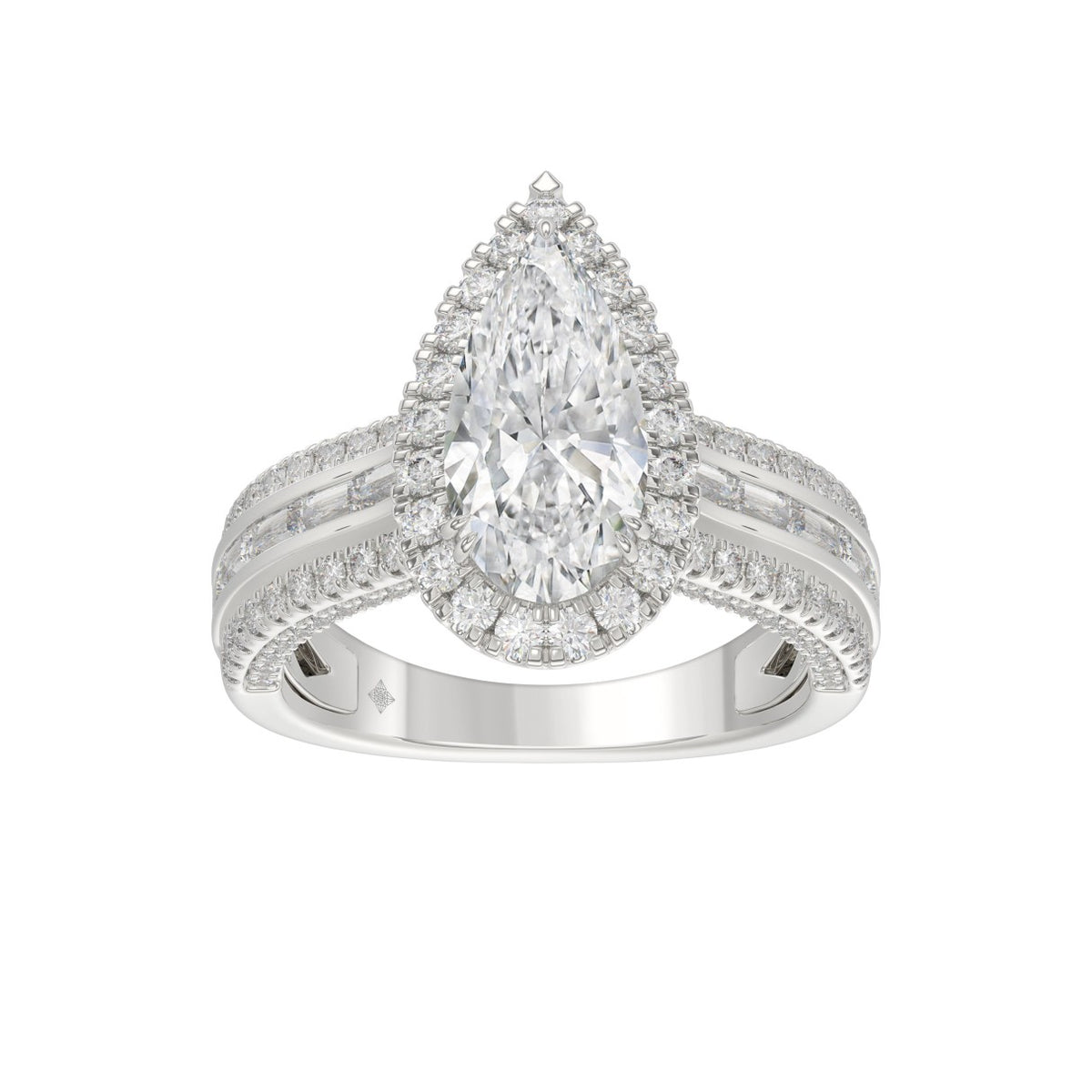 14K White Gold 3.00 Ct Diamond Halo Engagement Ring For Women Elongated 2Ct Pear Cut Center Stone With Round & Baguette Side Stones, Luxury Bridal Ring (Color F-G -Clarity Vs1/Vs2)