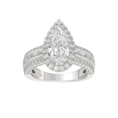 14K White Gold 3.00 Ct Diamond Halo Engagement Ring For Women Elongated 2Ct Pear Cut Center Stone With Round & Baguette Side Stones, Luxury Bridal Ring (Color F-G -Clarity Vs1/Vs2)