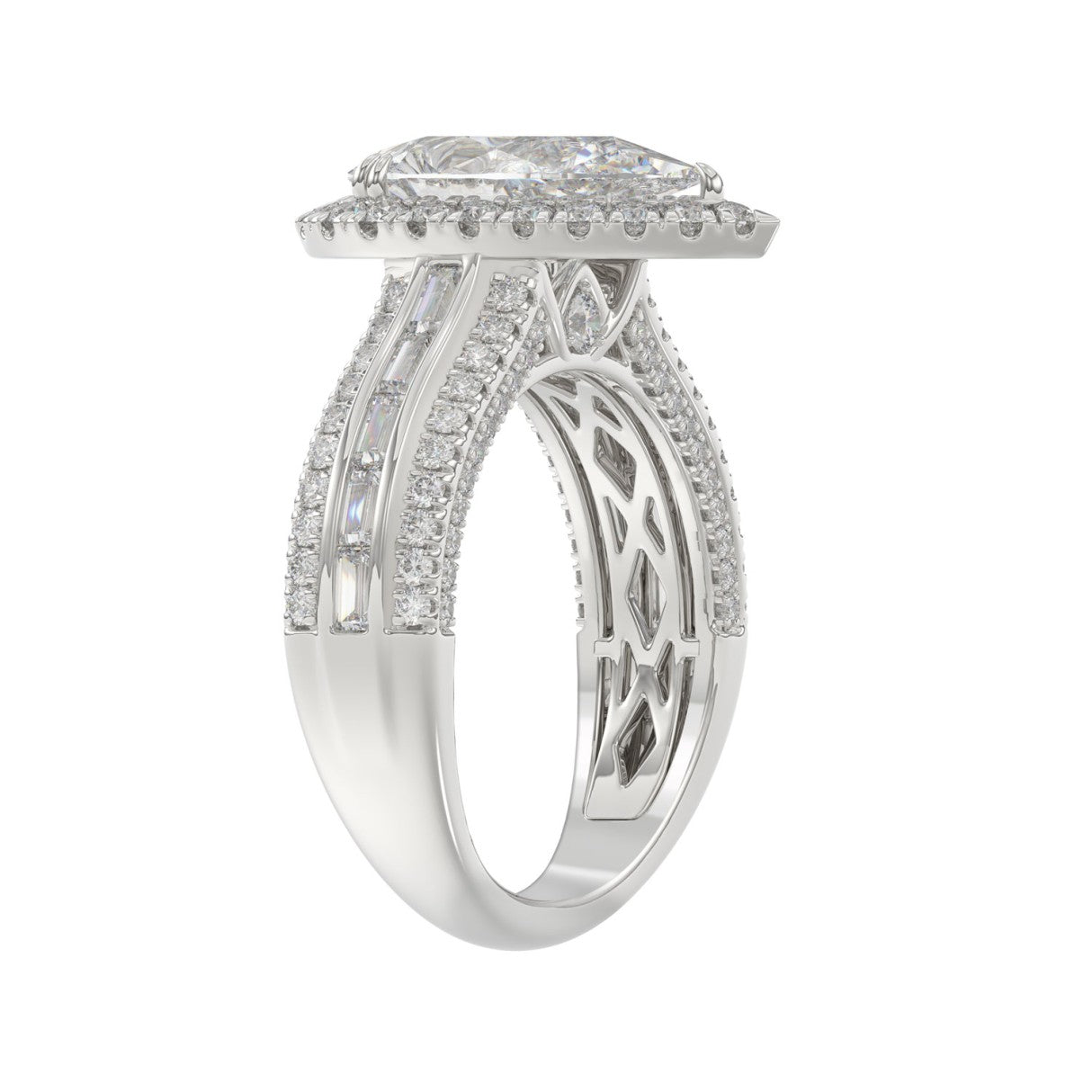 14K White Gold 3.00 Ct Diamond Halo Engagement Ring For Women Elongated 2Ct Pear Cut Center Stone With Round & Baguette Side Stones, Luxury Bridal Ring (Color F-G -Clarity Vs1/Vs2)