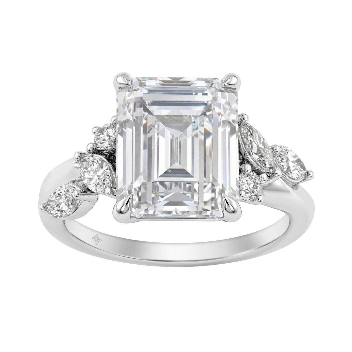 Luxury 14K White Gold 5 1/2Ct Lab-Grown Diamond Ring 5Ct Emerald Center With Marquise &amp; Round Side Stones For Women Engagement Ring (Color F-G -Clarity Vs1/Vs2)