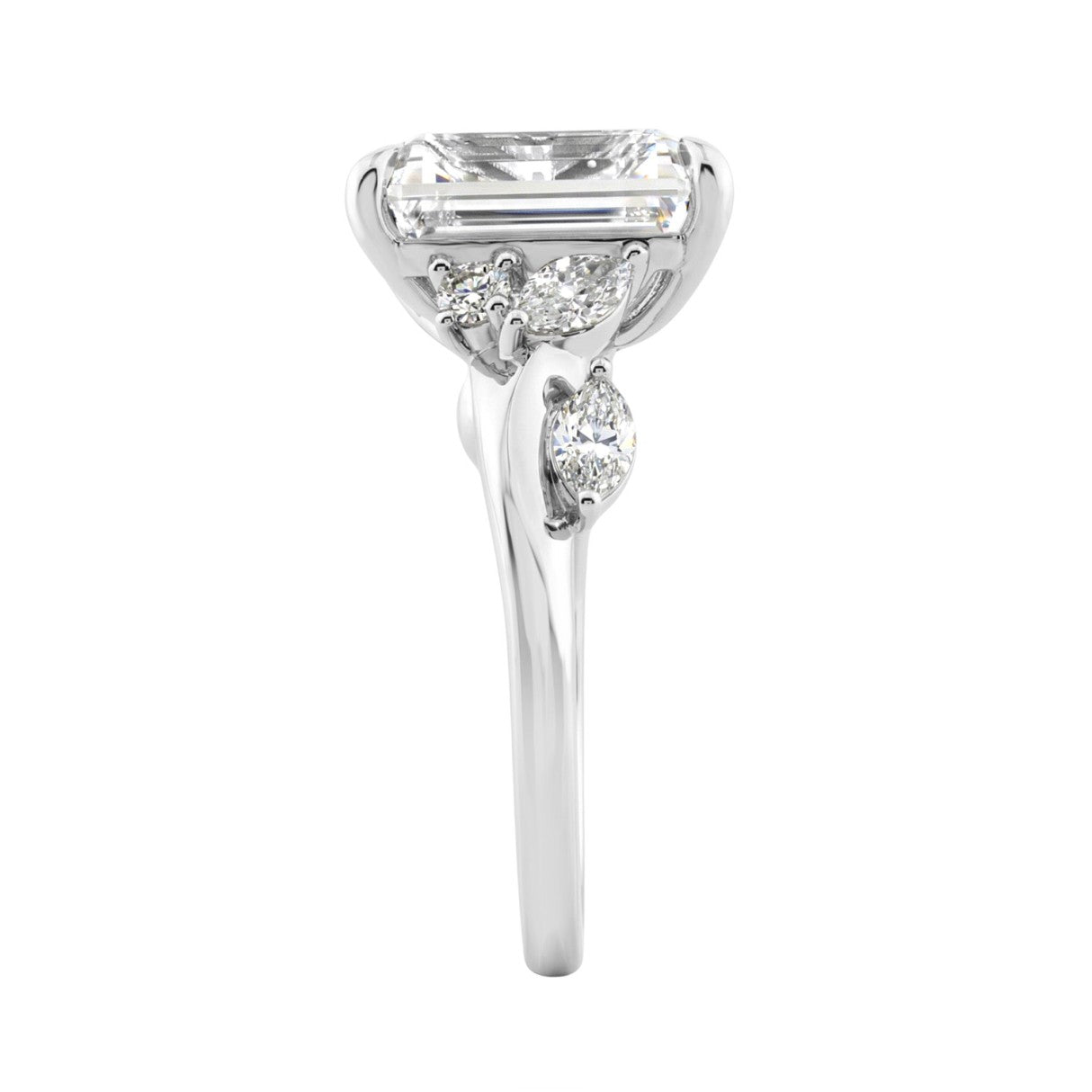 Luxury 14K White Gold 5 1/2Ct Lab-Grown Diamond Ring 5Ct Emerald Center With Marquise &amp; Round Side Stones For Women Engagement Ring (Color F-G -Clarity Vs1/Vs2)