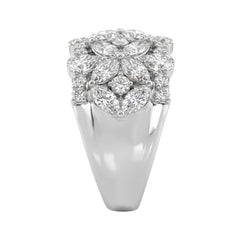 14K White Gold 3.00Ct Mixed Shape Diamond Cluster Ring Round, Marquise & Pear Floral Inspired Ladies Ring (Color F-G -Clarity Vs1/Vs2)