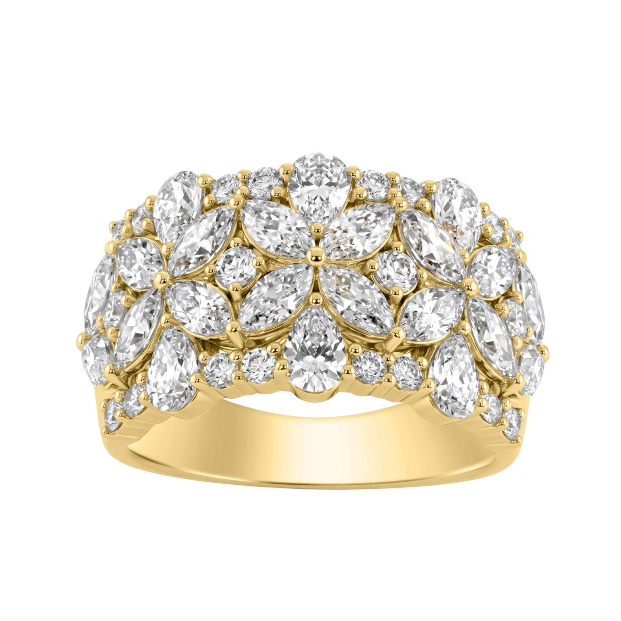 14K Yellow Gold 3.00Ct Mixed Shape Diamond Cluster Ring Round, Marquise & Pear Floral Inspired Ladies Ring (Color F-G -Clarity Vs1/Vs2)