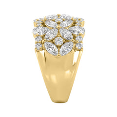 14K Yellow Gold 3.00Ct Mixed Shape Diamond Cluster Ring Round, Marquise & Pear Floral Inspired Ladies Ring (Color F-G -Clarity Vs1/Vs2)