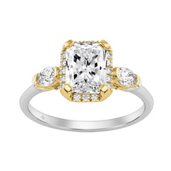 14K White/Yellow Gold Diamond Halo Engagement Ring 2 1/2Ct Radiant, Round & Oval Three-Stone For Women 2Ct Radiant Center Stone (Color F-G -Clarity Vs1/Vs2)