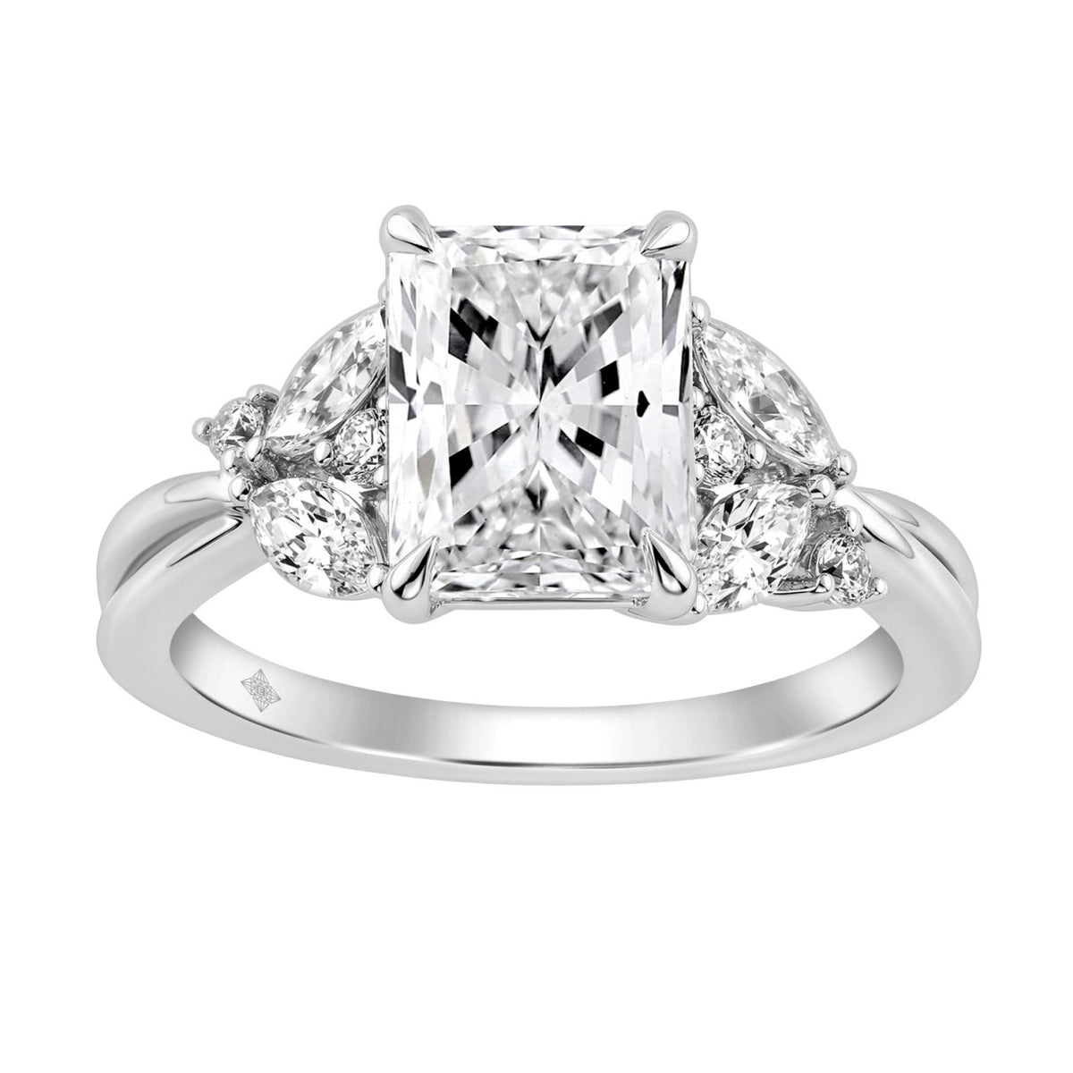 14K White Gold Ladies Lab-Grown Diamond Ladies Engagement Ring 3 1/2Ct Radiant, Round &amp; Marquise With Side Marquise Accents 3Ct Radiant Center Sto