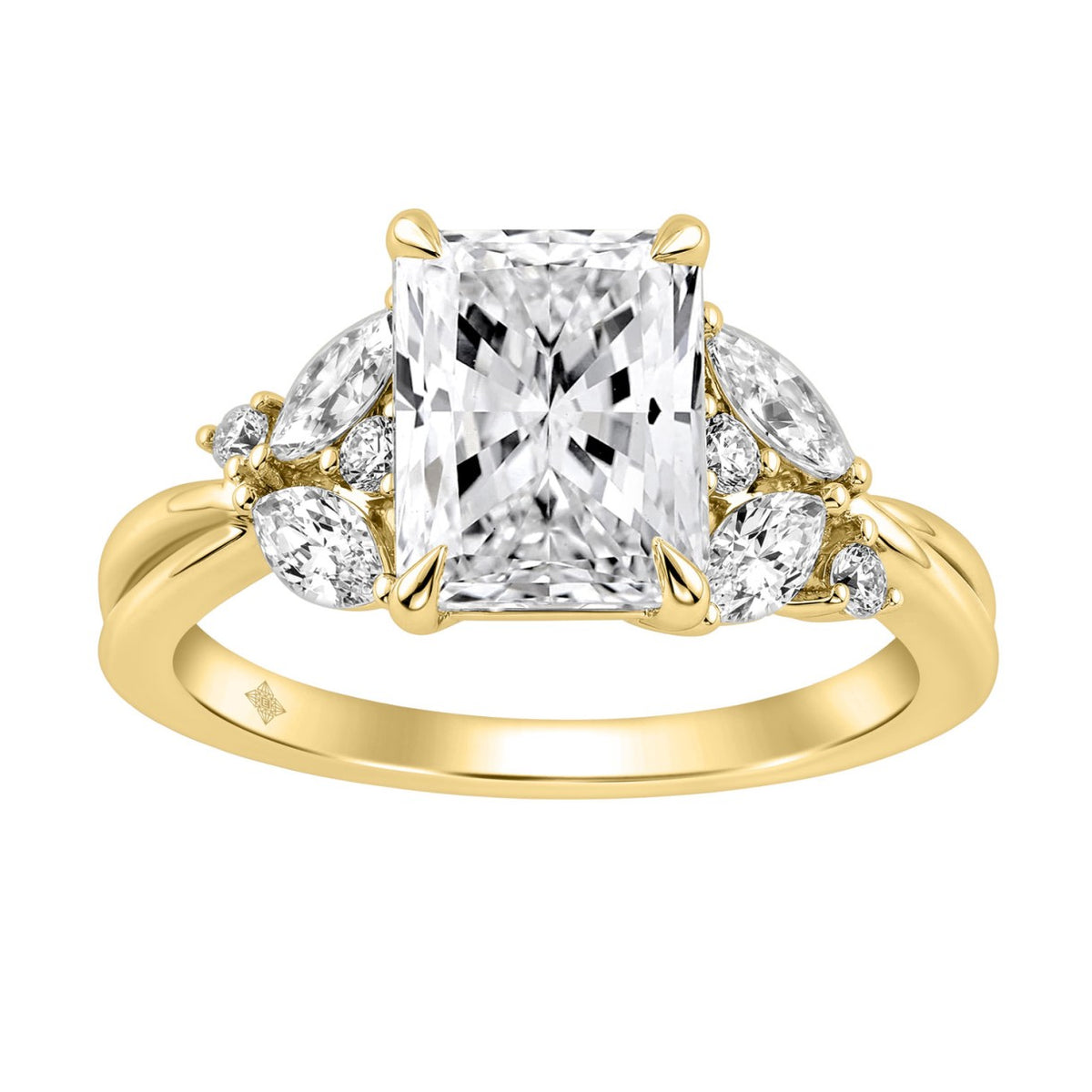 14K Yellow Gold Ladies Lab-Grown Brown Diamond Ladies Engagement Ring 3 1/2Ct Radiant, Round &amp; Marquise With Side Marquise Accents 3Ct Radiant Center Stone (Color F-G -Clarity Vs1/Vs2)