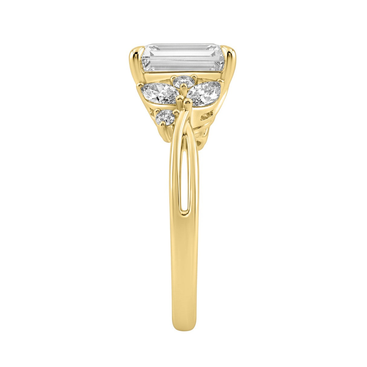 14K Yellow Gold Ladies Lab-Grown Brown Diamond Ladies Engagement Ring 3 1/2Ct Radiant, Round &amp; Marquise With Side Marquise Accents 3Ct Radiant Cen