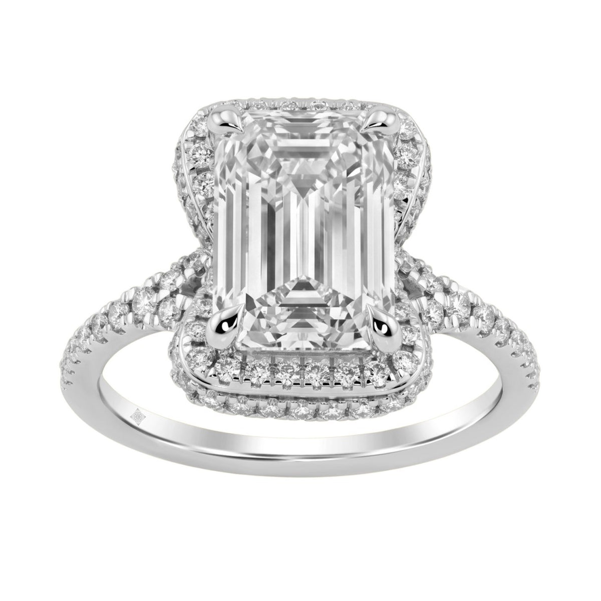 14K White Gold 4 1/2Ct Ladies Emerald-Cut Halo Engagement Ring 4Ct Emerald Center Stone &amp; Round Diamond (Color F-G -Clarity Vs1/Vs2)