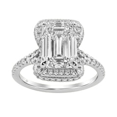 14K White Gold 4 1/2Ct Ladies Emerald-Cut Halo Engagement Ring 4Ct Emerald Center Stone &amp; Round Diamond (Color F-G -Clarity Vs1/Vs2)