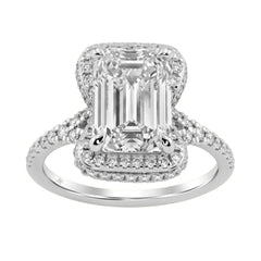 14K White Gold 4 1/2Ct Ladies Emerald-Cut Halo Engagement Ring 4Ct Emerald Center Stone &amp; Round Diamond (Color F-G -Clarity Vs1/Vs2)