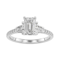14K White Gold Lab Grown Emerald Cut Diamond Ladies Engagement Ring 1 1/4Ct With Round &amp; Baguette Side Stones 1Ct Emerald Center Stone (Color F-G -Clarity Vs1/Vs2)