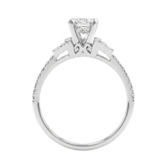 14K White Gold Lab Grown Emerald Cut Diamond Ladies Engagement Ring 1 1/4Ct With Round &amp; Baguette Side Stones 1Ct Emerald Center Stone (Color F-G -Clarity Vs1/Vs2)
