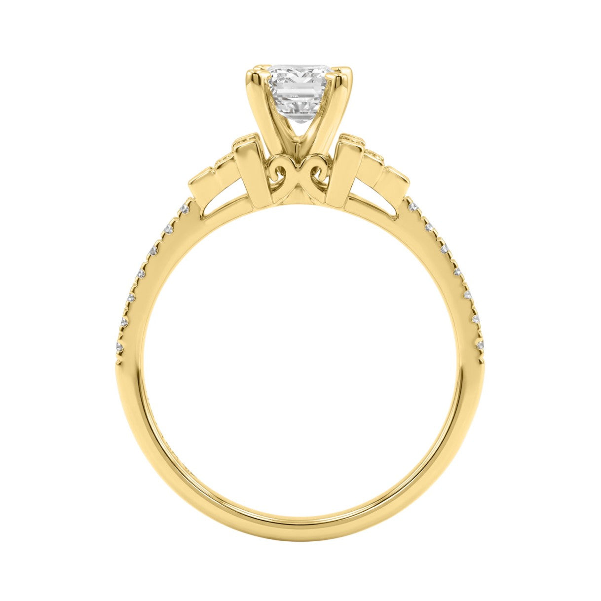 14K Yellow Gold Lab Grown Emerald Cut Diamond Ladies Engagement Ring 1 1/4Ct With Round &amp; Baguette Side Stones 1Ct Emerald Center Stone (Color F-G -Clarity Vs1/Vs2)