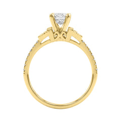 14K Yellow Gold Lab Grown Emerald Cut Diamond Ladies Engagement Ring 1 1/4Ct With Round &amp; Baguette Side Stones 1Ct Emerald Center Stone (Color F-G -Clarity Vs1/Vs2)