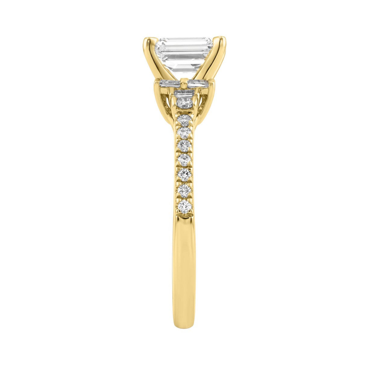 14K Yellow Gold Lab Grown Emerald Cut Diamond Ladies Engagement Ring 1 1/4Ct With Round &amp; Baguette Side Stones 1Ct Emerald Center Stone (Color F-G -Clarity Vs1/Vs2)