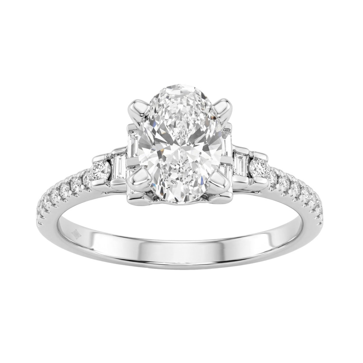 14K White Gold Lab Grown Emerald Cut Diamond Ladies Engagement Ring 1 1/4Ct With Round &amp; Baguette Side Stones 1Ct Oval Center Stone (Color F-G -Clarity Vs1/Vs2)