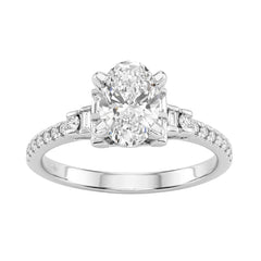 14K White Gold Lab Grown Emerald Cut Diamond Ladies Engagement Ring 1 1/4Ct With Round &amp; Baguette Side Stones 1Ct Oval Center Stone (Color F-G -Clarity Vs1/Vs2)