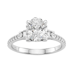 14K White Gold Lab Grown Emerald Cut Diamond Ladies Engagement Ring 1 1/4Ct With Round &amp; Baguette Side Stones 1Ct Oval Center Stone (Color F-G -Clarity Vs1/Vs2)