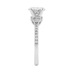 14K White Gold Lab Grown Emerald Cut Diamond Ladies Engagement Ring 1 1/4Ct With Round &amp; Baguette Side Stones 1Ct Oval Center Stone (Color F-G -Clarity Vs1/Vs2)
