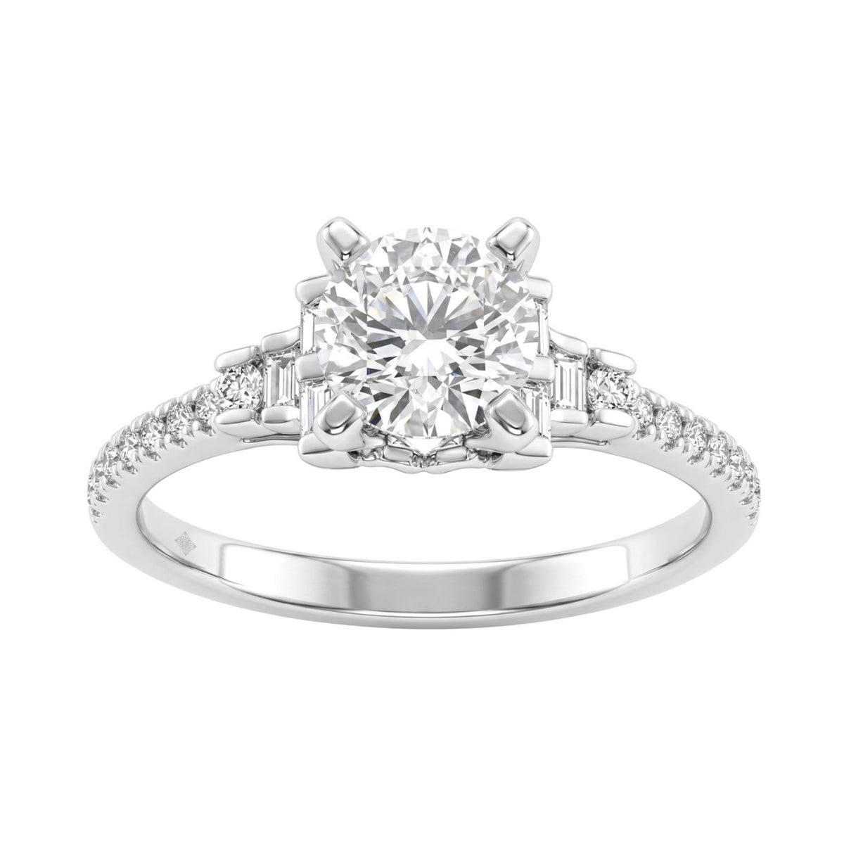 Round Diamond Engagement Ring 1 1/4Ct 14K White Gold Ring With Round &amp; Baguette Accent Diamonds For Women 1Ct Round Center Stone (Color F-G -Clari