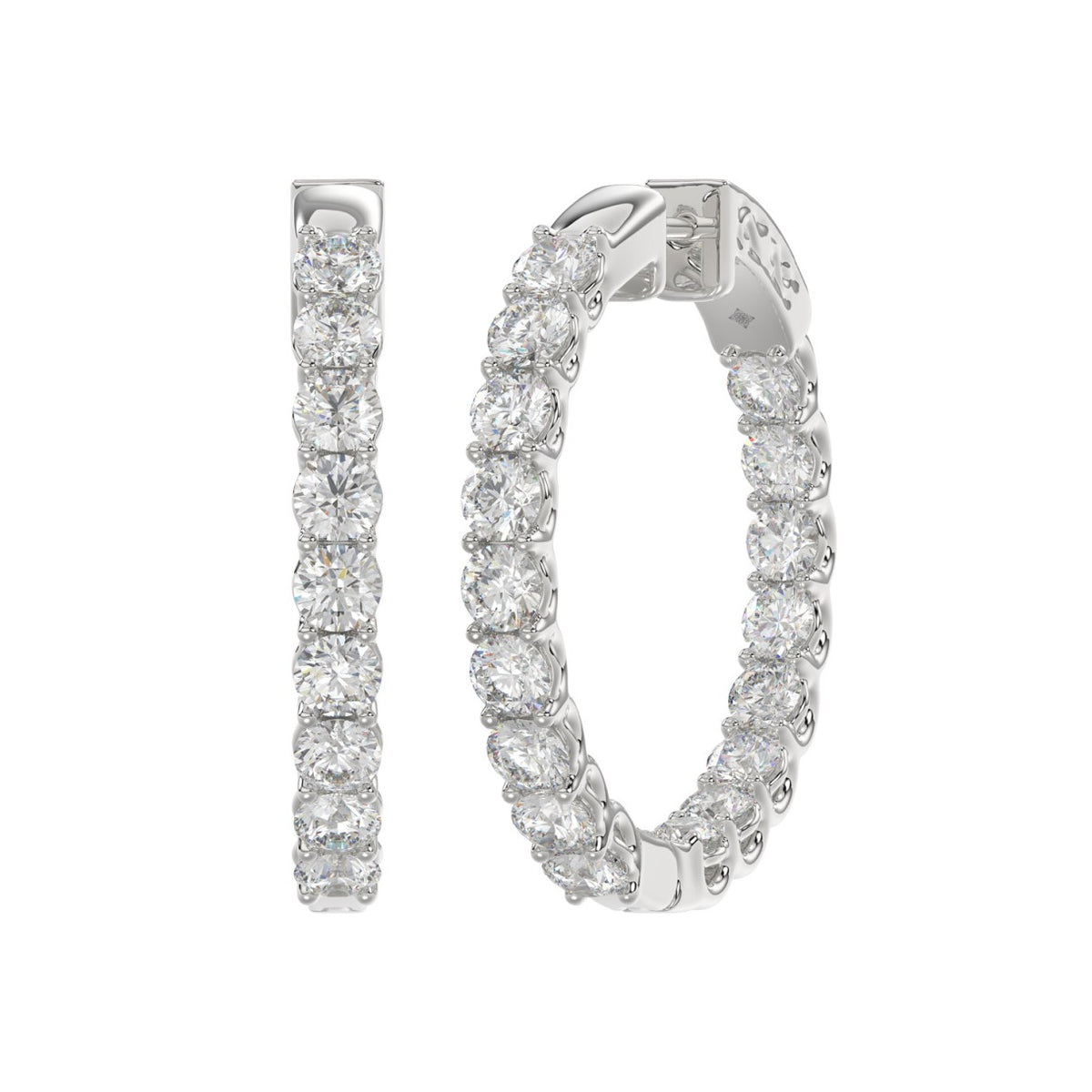 LADIES HOOP EARRINGS 3CT ROUND DIAMOND 14K WHITE GOLD
